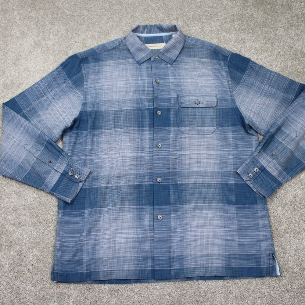 Tommy Bahama Shirt Mens Large Blue Check Silk/Cotton Blend Long Sleeve Button
